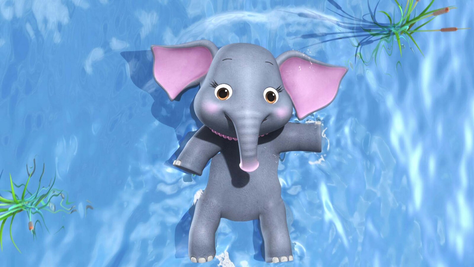 Vijf olifanten gaan in bad